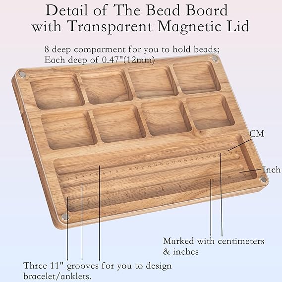 Svartur Wood Bead Board with Lid, Bracelet Board with Measurements, Beading Tray for Jewelry Making, Anklets & Bracelet Wooden Bead Design Tray with Cover 11.81" X 7.87" X 0.62"