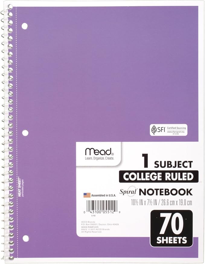Mead Spiral Notebooks, 1 Subject, College Ruled, 70 Sheets, Purple (05512BA7)
