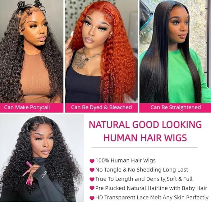 13x4 HD Deep Wave Lace Front Wigs Human Hair Pre Plucked Deep Wave Frontal Wigs Human Hair Curly Lace Front Wig Human Hair 180 Density Glueless Human Hair Wigs 24 Inch