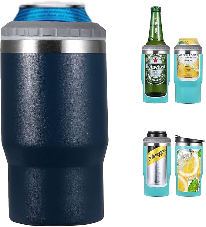 4 in 1 Stainless Steel CanBottle Insulator, 14oz Two-Way Lids SUS Insulated Can Cooler, Beer Bottle holder (Dark blue)