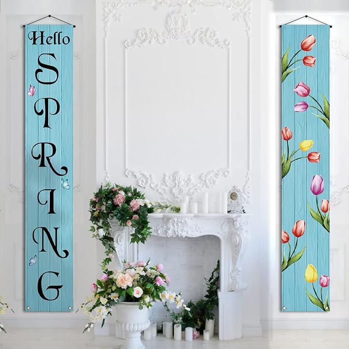 Tulips Spring Porch Banner Spring Party Sign Front Door Banner for Home Yard Indoor Outdoor Hanging Decoration