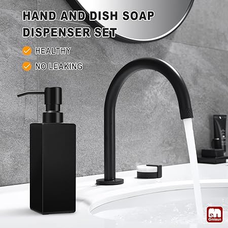 GMISUN Black Soap Dispenser, Hand Soap Dispenser Bathroom, 12oz Glass Soap Dispenser with Stainless Steel Pump, Liquid Dish Soap Dispenser for Kitchen, Modern BathroomKitchen Soap Dispenser Set
