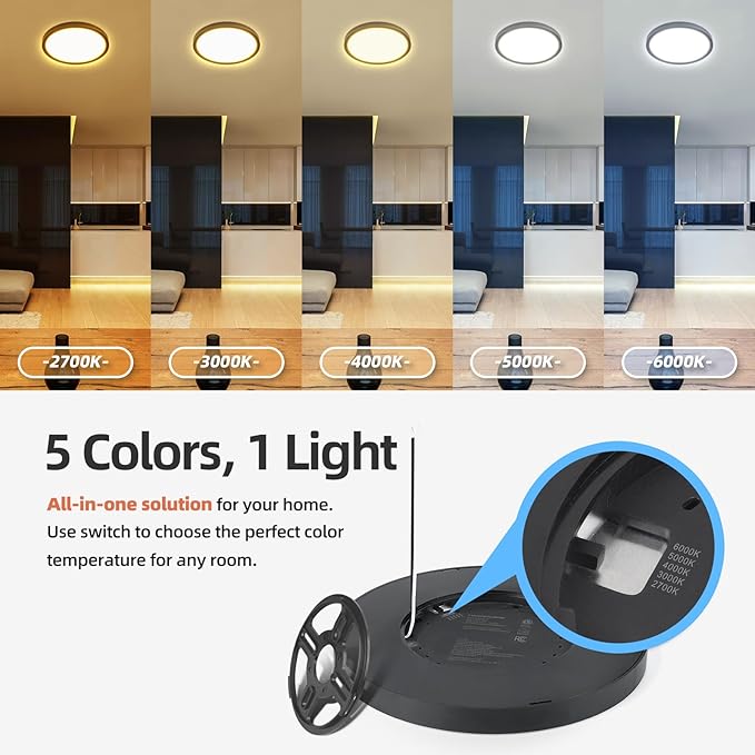 ECOELER Black Slim LED Ceiling Light, 9inch 5CCT Selectable Surface Mount Round Flat Panel Light, 24W 1800Lm, Close to Ceiling Light Fixtures for Kitchen, Bedroom, Laundry, 4 Pack