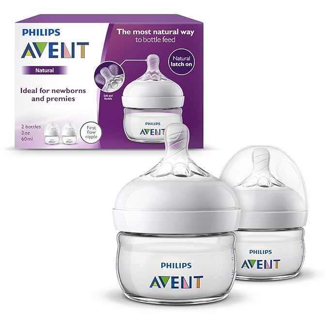 Philips Avent Natural Baby Bottles, with First Flow Nipple, 2OZ60ML, 2 Pack, SCF01925