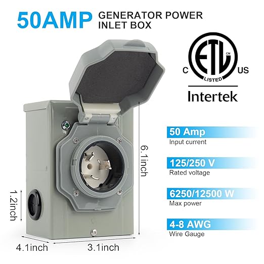 50 Amp Generator Inlet Box for Nema Ss2-50p Pre-Drilling, Outdoor Waterproof 50amp Power Inlet Box with Cover and Ground Wire, 125250V, 12500W