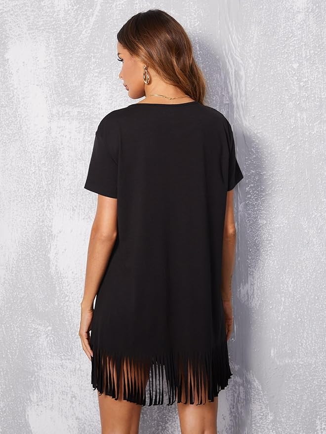 Womens Dress Solid Hem Short Dress Round Neck