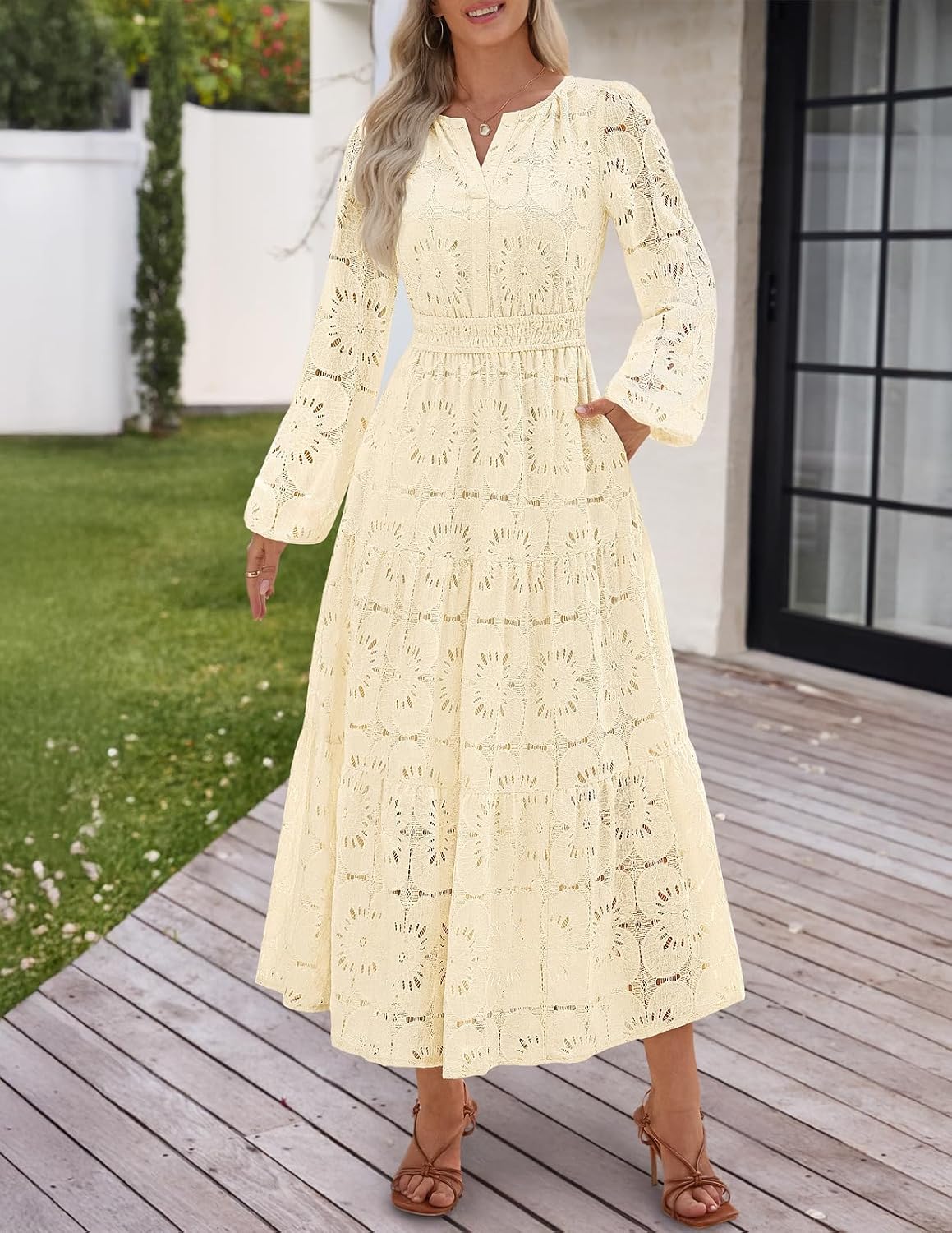 MEROKEETY Women's Fall Long Sleeve Floral Maxi Dress Lace Eyelet Hollow Out Tiered Boho Wedding Guest Dresses Pockets
