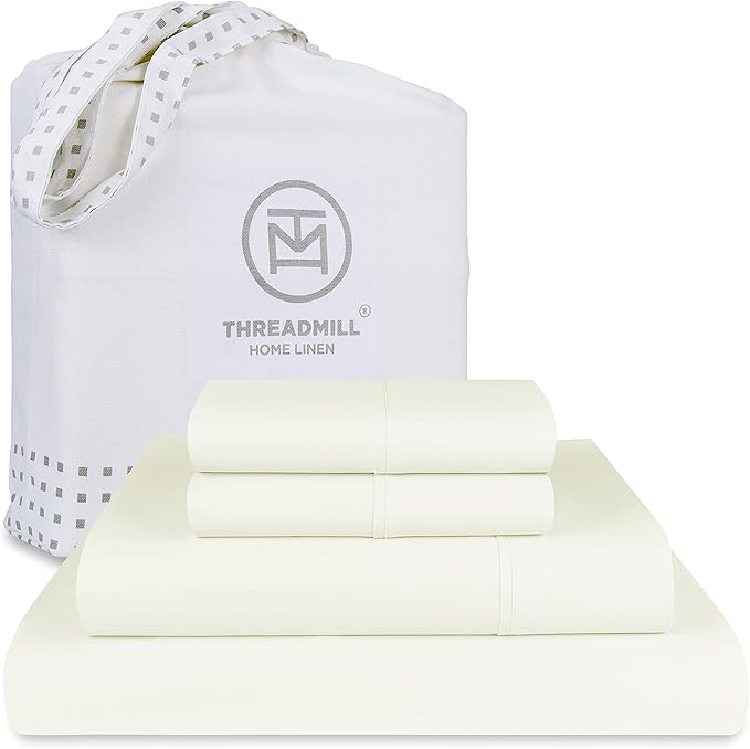 Threadmill 100 Supima Cotton Sheets, Premium 1200 Thread Count Cotton Sheets for King Size Bed, 4 Pc Ivory King Bed Sheets Set, 5-Star Hotel Quality with Elasticized Deep Pocket King Sheets