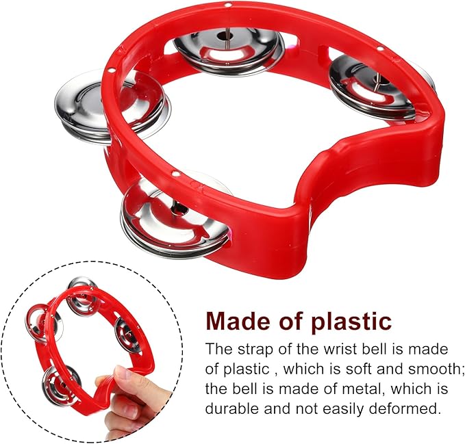 PATIKIL Tambourine, Jingle Bells Wrist Bells Hand Bell Percussion Instruments Musical Rhythm Band Plastic for Adults Church Birthday Party Christmas, Red