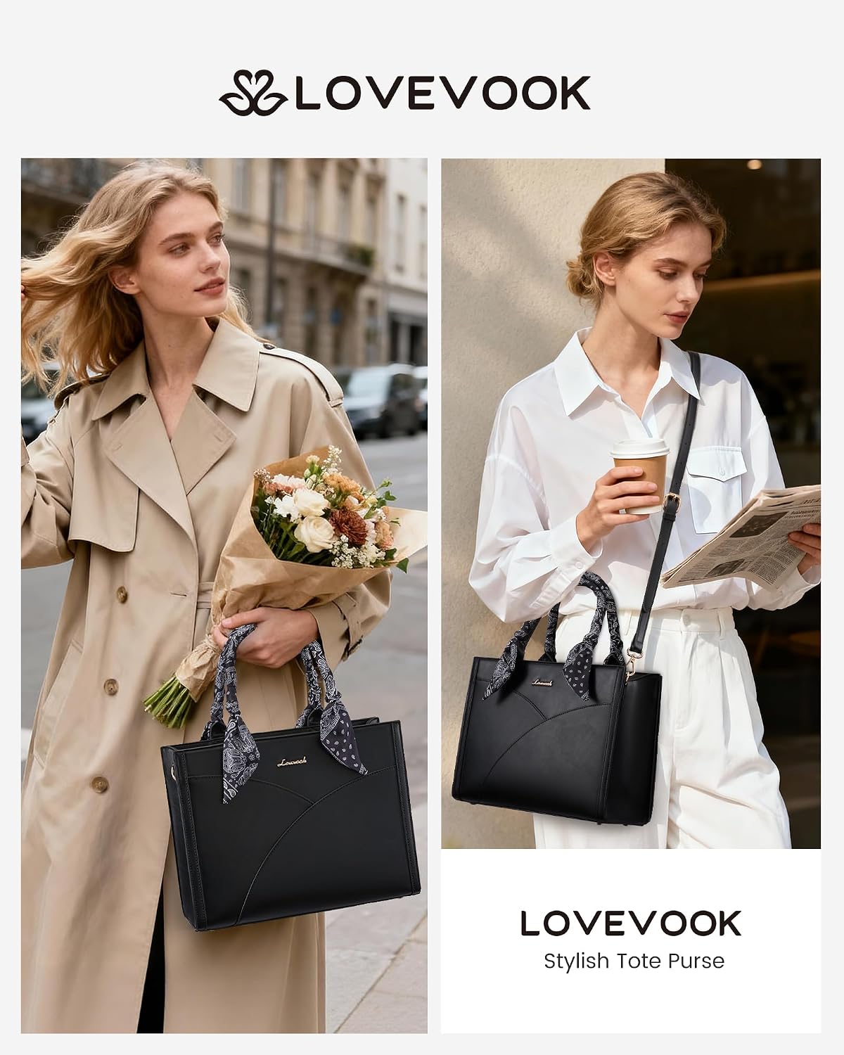 LOVEVOOK Purses and Handbag for Women, Waterproof PU Leather Tote Purse with Scarf, Satchel Top Handle Bags with Strap