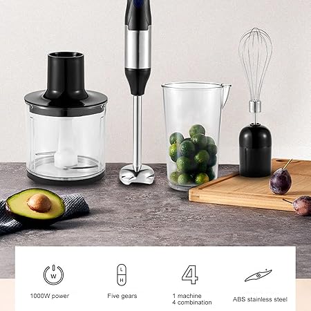 Hand Blender Set, 1000W 5 Speed Electric Handheld Hand Mixer Stick with 500ML Ground Meat Bowl, 700ML Grinding Cup, Stainless Steel Stick Blender Food Processor for Egg Food Juicing Meat Mixing