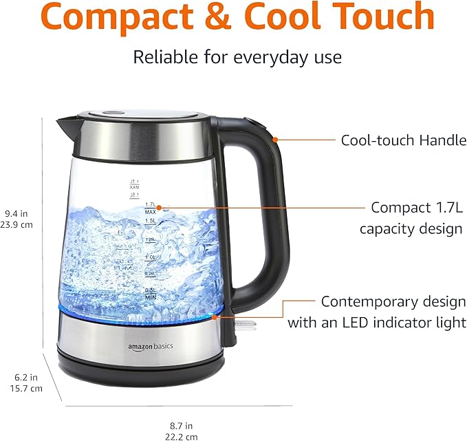 Basics Electric Kettle with Glass Carafe for Tea and Coffee, BPA-Free, Fast Boiling, Auto Shut-Off, 1.8 Quarts, 1500W, Black and Silver