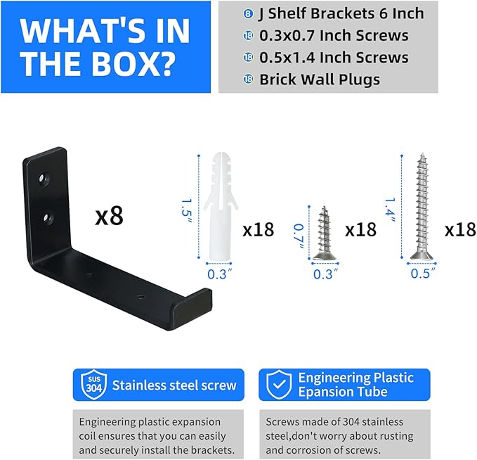 HEART ART Black Shelf Bracket 6 inch, Shelf Bracket 8 Pack,J Metal Heavy Duty Shelf Support Brackets,6.3"L4.8"H1.2"W