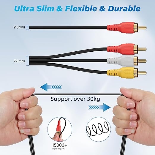 Adoreen 3 RCA Cable 4 Ft Audio Video Composite Male to Male DVD Cable, Gold-Plated Low Loss Stereo AV TV Cable Cord with Noise Reduction for VCD, Satellite,Stereo System,Home Theater AmpReceiver