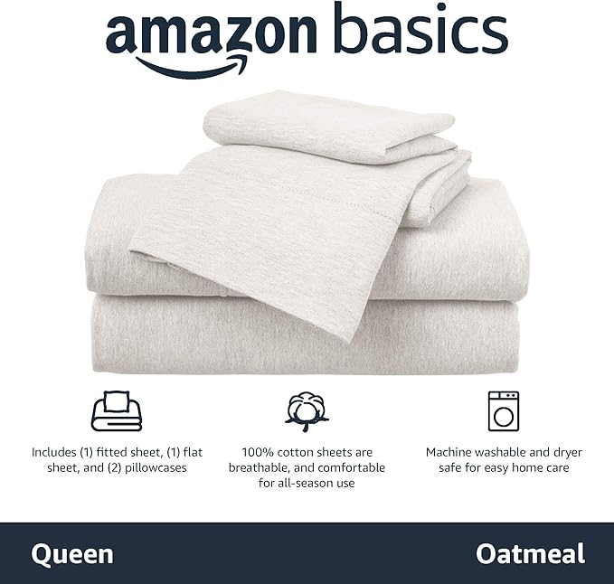 Basics Cotton Jersey 4-Piece Bed Sheet Set, Queen, Oatmeal, Solid