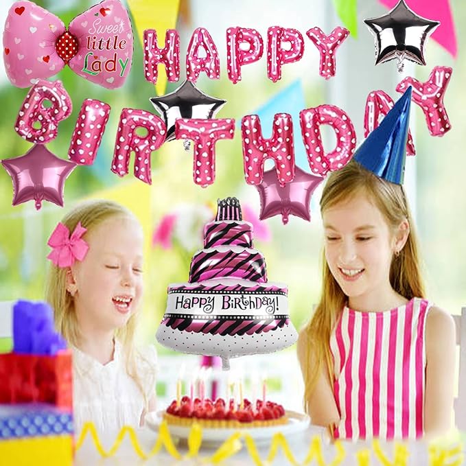 24PCS Pink Birthday Decorations, Cartoon Birthday Party Supplies, Happy Birthday Balloons Banner, Pink Theme Party Decor for Girls