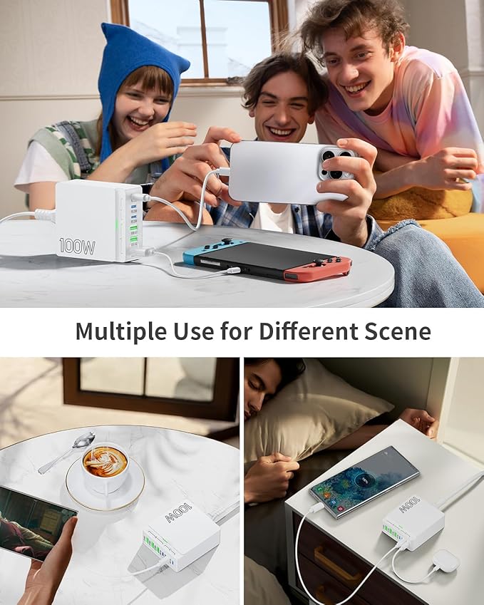 USB C Charger Block Charging Station: 100W 6 Port GaN Fast Charging Brick Hub Cube Box - PD 3.0 Type C USB A Wall Charger Power Adapter for iPhone 16 Pro Max iPad Samsung Android Pixel