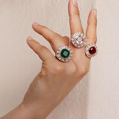 Jean Beau Gold Rhinestone Statement Adjustable Ring for Women Large Crystal Cubic Zirconia Stacking Rings Prom Wedding Bridal Finger Jewelry Gift for Her