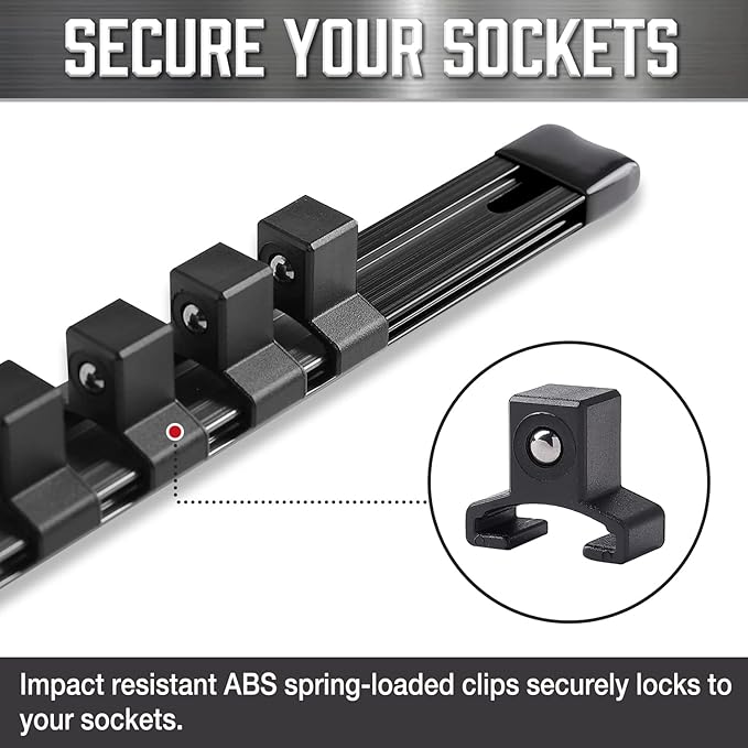 ALOANES 14-Inch Drive Aluminum Alloy Socket Organizer, Heavy Duty Socket Racks, Socket Holder Kit 14-Inch x 24 Clips (Black)