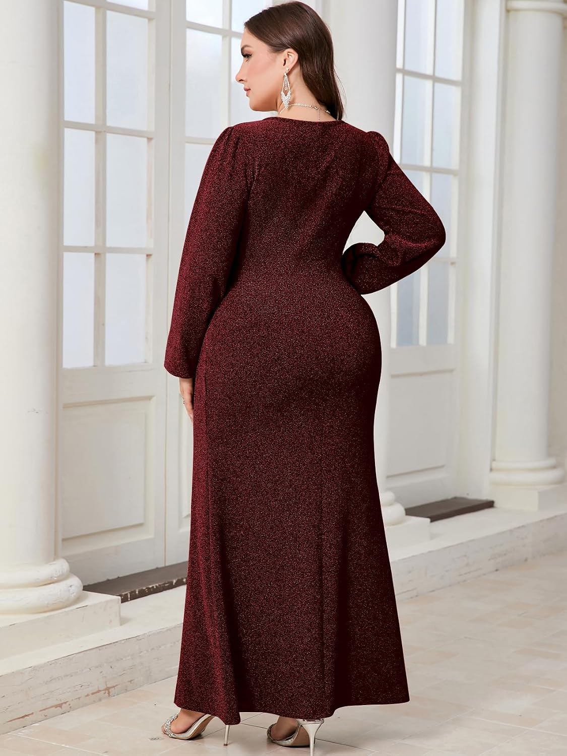 CYCLAMEN Plus Size Formal Maxi Dress Sparkly Ruched Puff Sleeve V Neck Slit Cocktail Wedding Guest Prom Evening Gown.