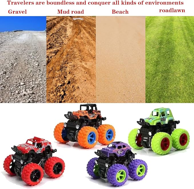 Monster -Truck -Toys, Friction Powered Monster Trucks for Boys, Push and Go Vehicles Toy for Kids, Inertia Vehicle, Stunt On-Road Vehicle, Great for Birthday Party Gift for Boys Girls (Red)