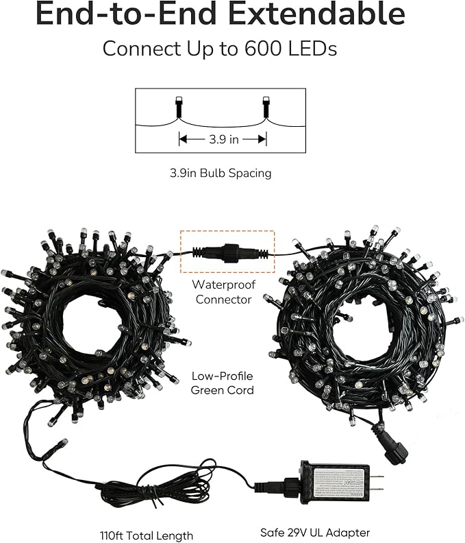 ULG Upgraded 2-Pack 152FT 400 LED Christmas String Lights, Extendable Waterproof Fairy Lights with Memory Function, 8 Modes, Bubble Bulbs, Warm White, Adapter Included for IndoorOutdoor Decor