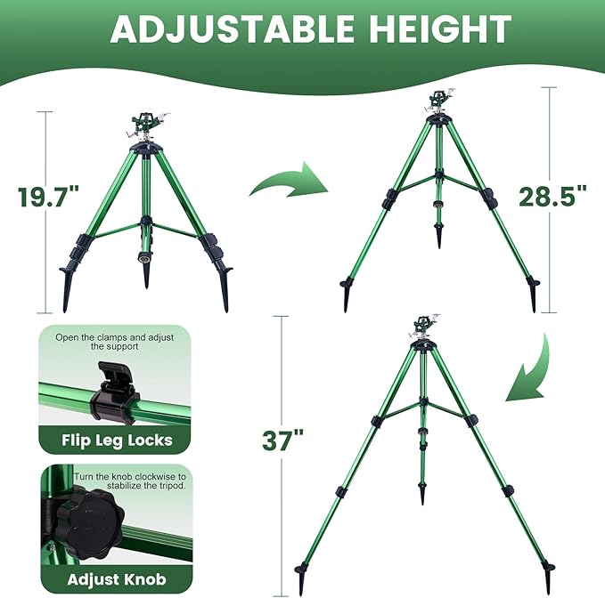 Sprinklers for Yard, 2025 Heavy-Duty Lawn Sprinkler Impact Sprinkler on Spike Tripod Base with 360 Large Area Irrigation with Extension Legs to Adjust Height Irrigation System for Garden Lawn