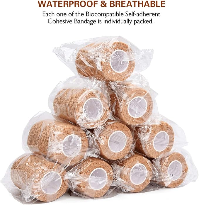 12PCS Self Adherent Bandage, 3" x5yd 7.5cmx4.5m Elastic Cohesive Gauze Wrap, Medical Sport Wrap Athletic Tape for Stretch Sports Ankle Wrist Sprains Swelling - Brown