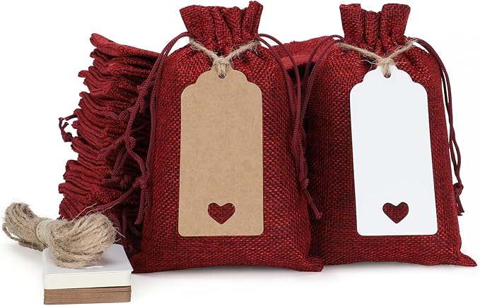 Tapleap Burlap Gift Bags with Drawstring, 4 x 6 inches Favor Sacks (Lot of 30) for Kids Class Father's Day, Birthday, Wedding, Party or Household Use(Red)