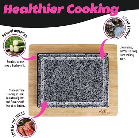 Artestia Cooking Stone for Steak with Double Granite Stones, Sizzling Steak Stone Cooking Set for BBQHibachiSteak Grill (2PCS Granite Stones 1PC Bamboo Tray)