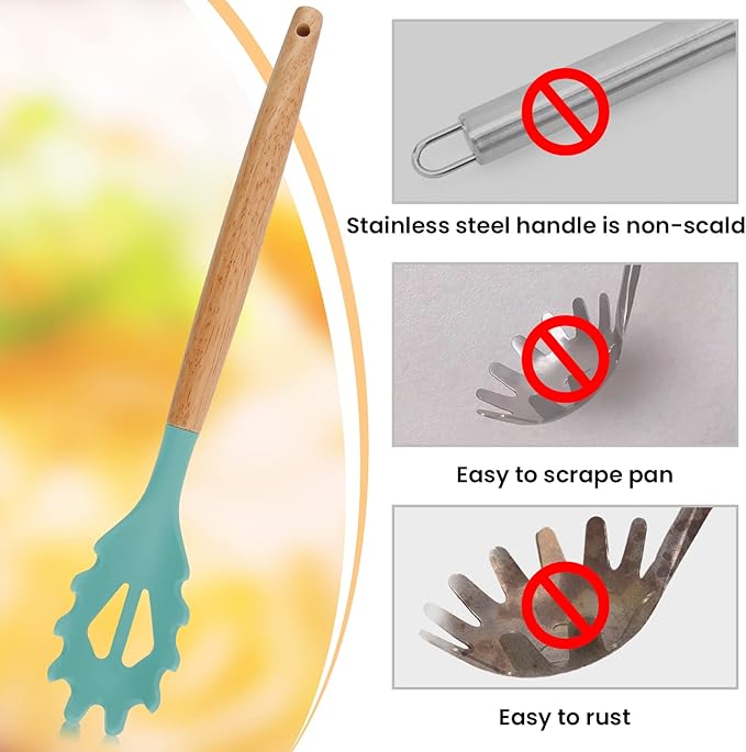 Silicone Spaghetti Spoon, Pasta Fork, 12.6 Inch Noodle Spoon, Pasta Spoon with Wooden Handle, Spaghetti Server for Cooking, BPA Free, Green