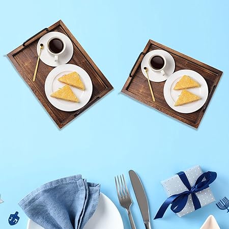 2Pcs Rustic Wooden Serving Trays Farmhouse Decor Multipurpose Rectangular Serving Platters with Handles for Food Tea Coffee, black brown