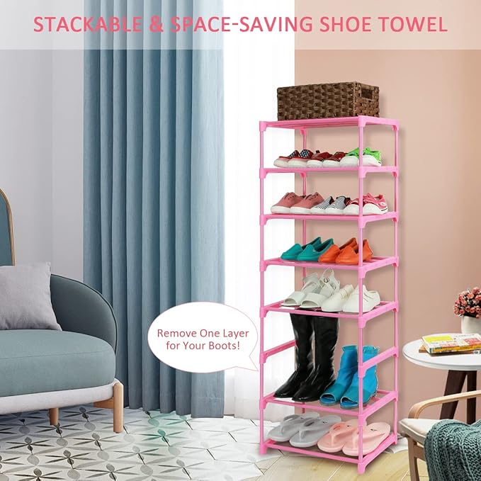 LNYZQUS Small Kids Shoe Rack, 4 Tier Pink Shoe Organizer Shoe Shelf for Closet,Stackable Narrow Shoe Stand Slim Zapateras Organizer,Cute Toddler Shoe Rack Floor for Women Girls-Full Pink