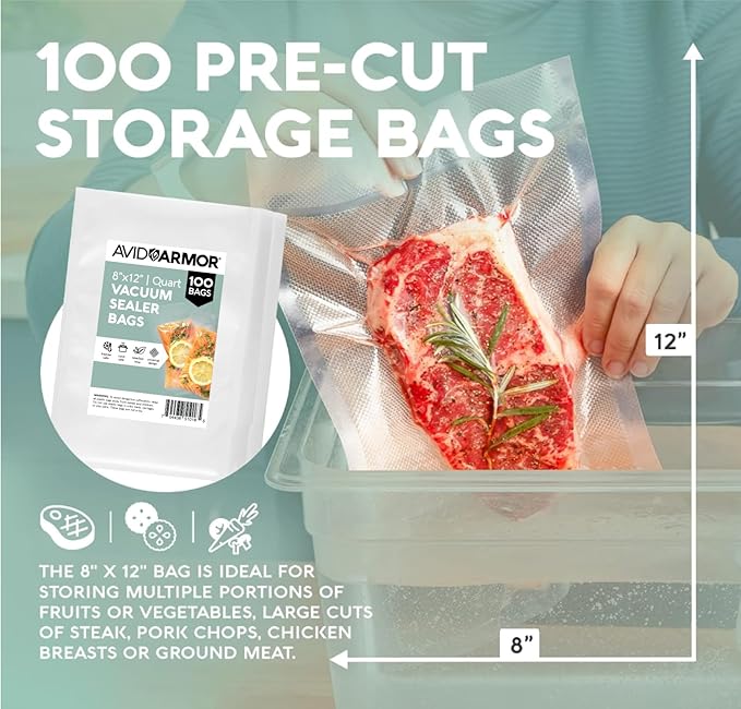 Avid Armor Vacuum Sealer Bags Quart 8x12 Inch 100 Pack for Food Saver, Seal a Meal Vacuum Seal Machines, Commercial Grade Heavy Duty BPA Free for Sous Vide and Meal Prep Precut Storage Bag