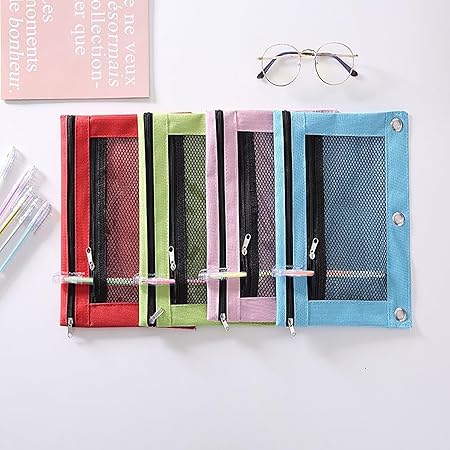 Pencil Pouch for 3 Ring Binder, Binder Pencil Case with Smooth Zipper, Clear Window Pencil Case for Binder, Big Capacity 3 Ring Binder Pencil Bag with 3 Reinforced Grommets Red