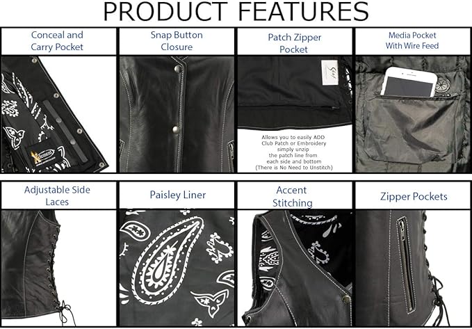 XS1029 Women's 'Paisley' Black Motorcycle Leather Vest with Side Lace Adjustment