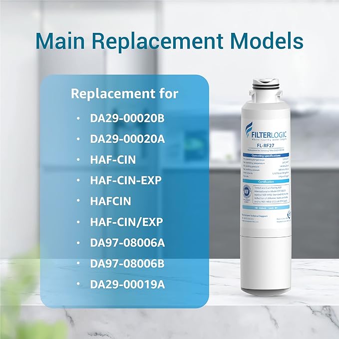Filterlogic DA29-00020B Refrigerator Water Filter, Replacement for Samsung HAF-CIN, HAF-CIN/EXP, DA29-00020A/B, DA97-08006A, RF28HMEDBSR, RF4287HARS, RF263TEAESG, RH22H9010SR, 2 Pack