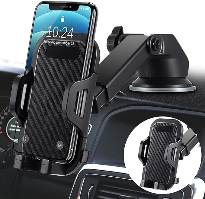 Car Phone Mount, Thick Case Big Phones Friendly Long Arm Universal Phone Holder for Car Dashboard Windshield Air Vent Hands Free Cell Phone Holder Compatible with All Mobile Phones
