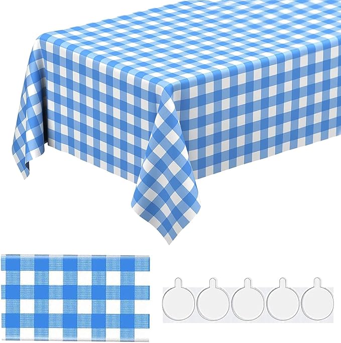108 x 54 Blue White Gingham Plastic Table Cloth Disposable Rectangle Tablecloths for Camping,Happy Birthday,Party,Baby Shower,Table Covers Parties Decoration with Fixed Stickers