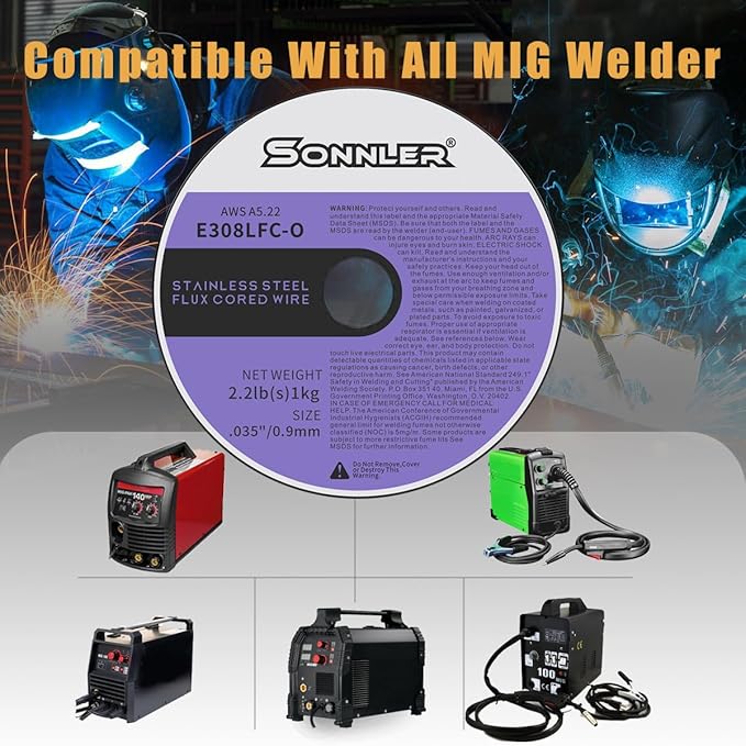 E308LFC-O .035-Diameter Stainless Flux Core Welding Wire, 0.9mm SONNLER 2-pound Stainless Steel Welding Wire, Low Splatter Stainless Steel MIG Wire Compatible With All MIG Welder