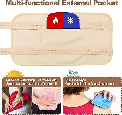 Organic Castor Oil Pack Wrap - Reusable Castor Oil Compress Wrap Kit with Adjustable Elastic Shoulder Straps - Organic Flannel Castor - Waterproof Oil-Proof - Machine Washable (Khaki)