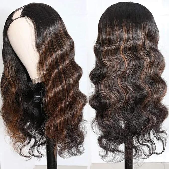 U Part Human Hair Wig Body Wave Highlight 1b30 Ombre Brown Wig Human Hair 180 Density U Part Wig Half Brazilian Virgin Human Hair Wigs For Black Women Clip In Glueless No Leave Out Wig 18Inch