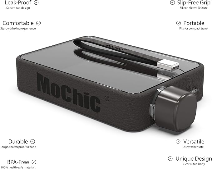 Mochic 13oz Flat Water Bottle - Portable Travel Mug Handbag Slim Cold Plastic Flask BPA Free A5 Water Bottle Tritan Plastic Sports, Camping, Gym, Fitness, Outdoor - Leak Proof. 380ml (Black)