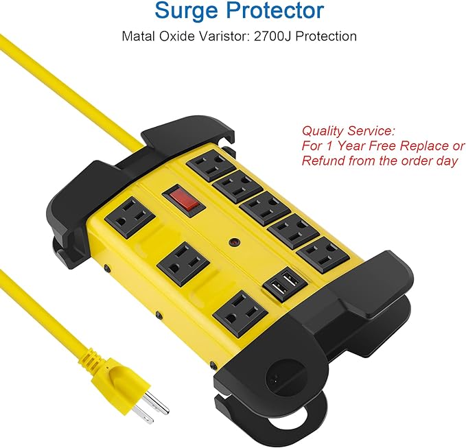 Heavy Duty Power Strip with USB, Workshop 8 Outlet Surge Protector 2700 Joules, Industrial Metal 15Amp Power Strip, 6FT Extension Cord and Wide Spaced. Yellow