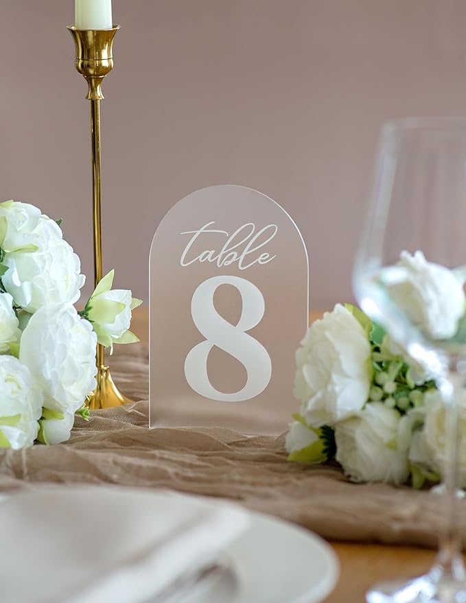 Frosted Wedding Table Numbers w/Stands 1-15, Bold, White Print 4x6 Arch Acrylic Table Numbers - Elegant & Sturdy Reusable Table Numbers for Wedding Reception Centerpiece