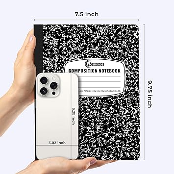 College Ruled Composition Notebooks 5 Pack, 200 Pages (100 Sheets), 9-34" x 7-12", White Black Marble Composition Book, Hard Cover, Sturdy Sewn Binding, School, College Office Supplies