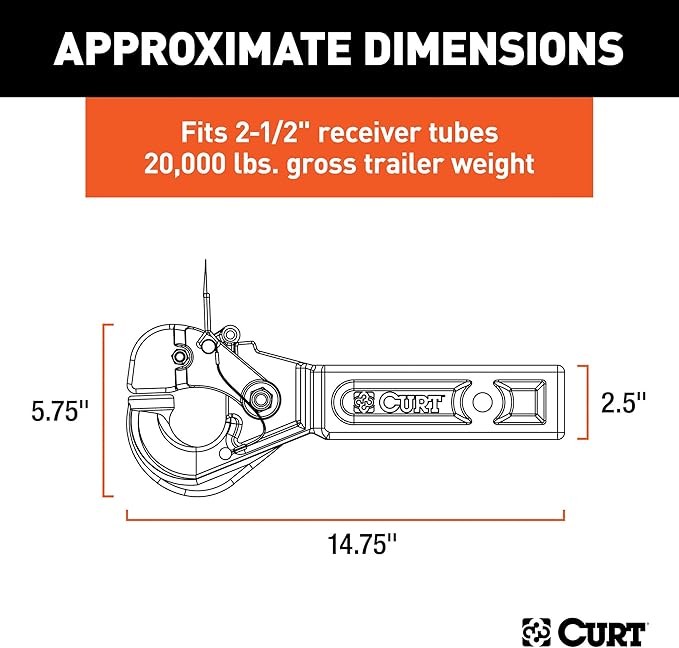 CURT 48010 Pintle Hook Hitch for 2-12-Inch Receiver, 20,000 lbs, Fits 2-12-In Lunette Ring