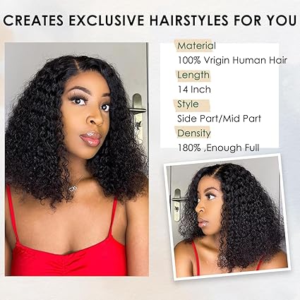 OCTSUN Curly Bob Wig Human Hair for Black Women - Glueless Wigs Human Hair Pre Plucked with Baby Hair Deep Wave 13x4 Lace Front Wigs Wet and Wavy Brazilian Human Virgin Hair Wigs 14 Inch 180% Density