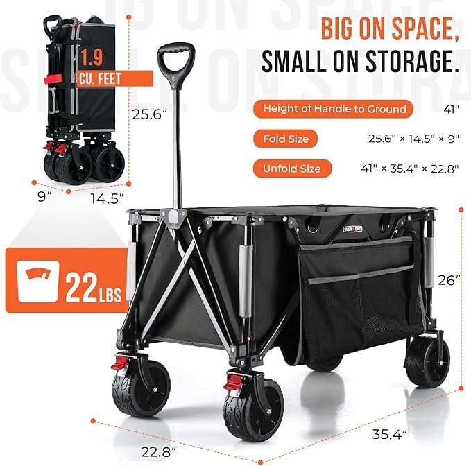 Overmont Collapsible Wagon Cart with Wheels - Foldable Heavy Duty Wagon with Big All-Terrain Wheels - 330Lbs Weight Capacity with Side Pockets for Camping Sports Garden Grocery Shopping Black