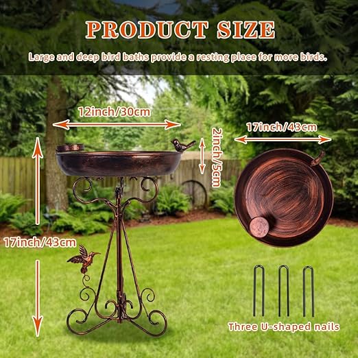 VEWOGARDEN Metal Bird Baths for Outdoors Vintage Garden Birdbath 12" Bird Bath Bowl Pedestal Bird Baths Standing Bird Feeder Birdbath with Folding Bracket